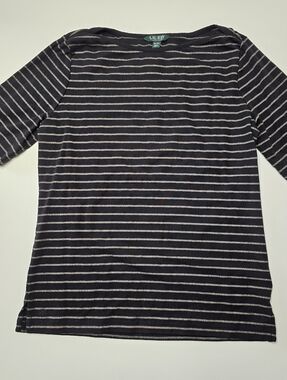 Lauren Ralph Lauren Black and Silver Striped Boatneck Stretch Xl Top
